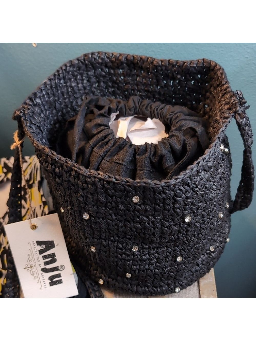 Hand Woven Crystal & Woven Raffia Bucket Crossbody
